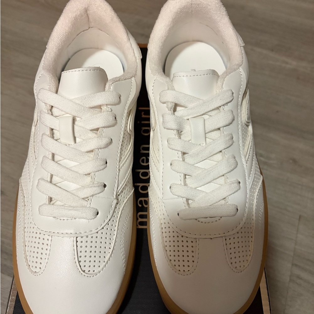 Madden Girl White and Tan Sneakers